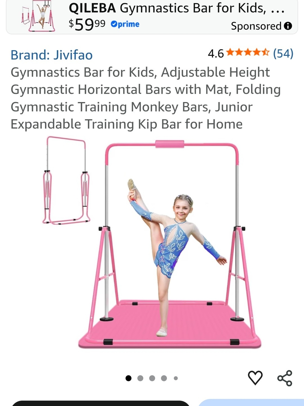 Kids Gymnastics Bar with Pink Mat - Adjustable Junior Training Set